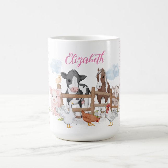 Pink Plaid Pattern Country Farm Animals Coffee Mug (Center)