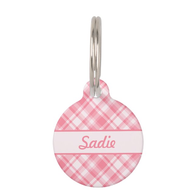 Pink Plaid Pattern & Custom Pet Name And Number ID Tag (Front)