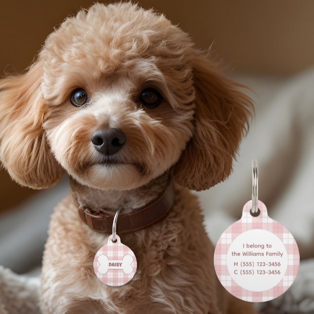 Pink Plaid Pattern Name Bone  Pet ID Tag (Creator Uploaded)