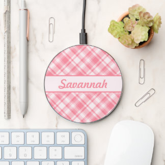 Pink Plaid Pattern With Custom Name Wireless Charger