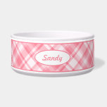 Pink Plaid Pattern With Custom Pet Name Bowl<br><div class="desc">Lovely plaid pattern in pink color scheme. There is also an oval shape banner that has a personalizable text area for the name of the pet. The font is a nice script font in pink color.</div>