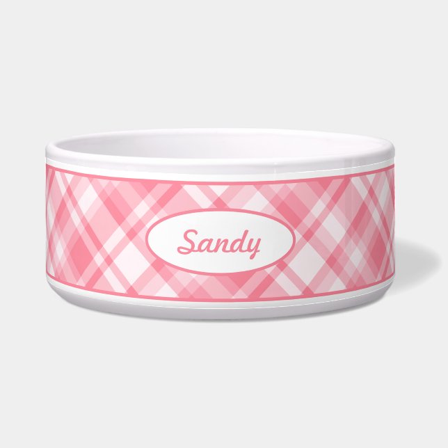 Pink Plaid Pattern With Custom Pet Name Bowl (Front)
