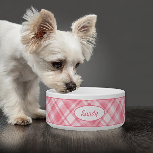 Pink Plaid Pattern With Custom Pet Name Bowl