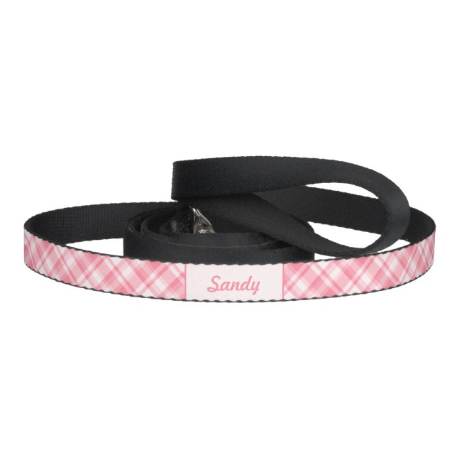 Pink Plaid Pattern With Custom Pet Name Leash (Handle)