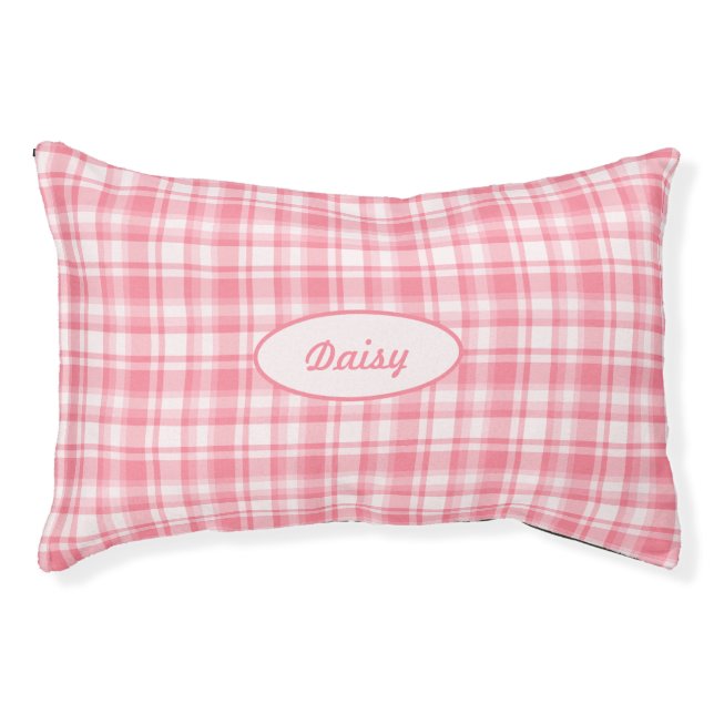 Pink Plaid Pattern With Custom Pet Name Pet Bed (Front)