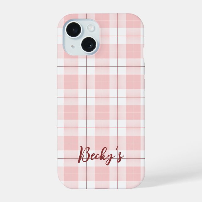 Pink Plaid Pattern with Name Iphone Case (Back)
