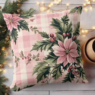 Pink Plaid Poinsettia Christmas Throw Pillow
