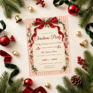 Pink Plaid Red Bow Christmas Party Invitation