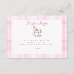 Pink Plaid Rocking Horse Baby Showe Diapper Raffle Enclosure Card