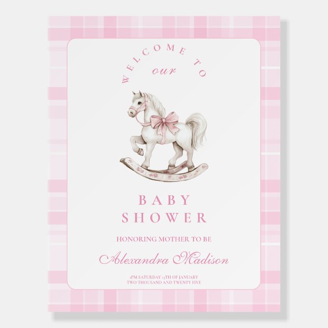 Pink Plaid Rocking Horse Baby Shower Foam Board (Front)