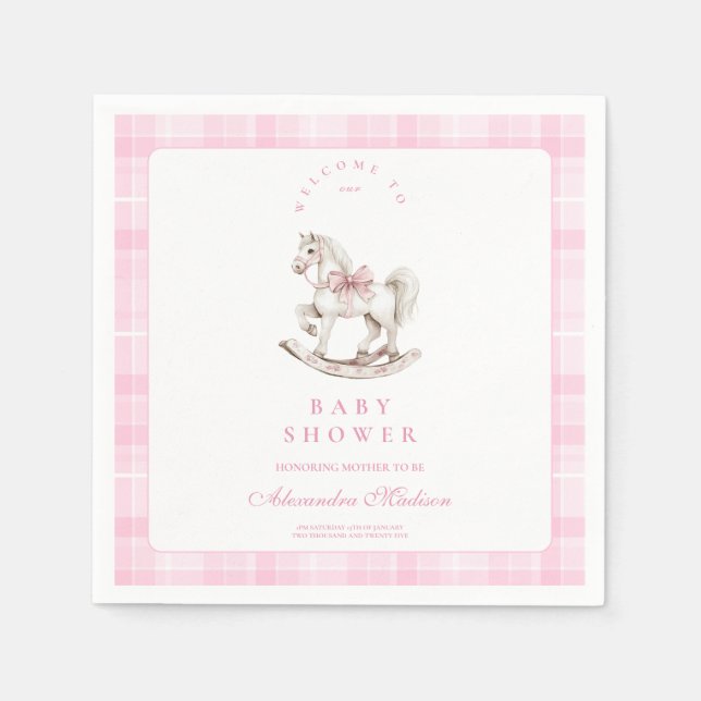 Pink Plaid Rocking Horse Baby Shower Napkins (Front)