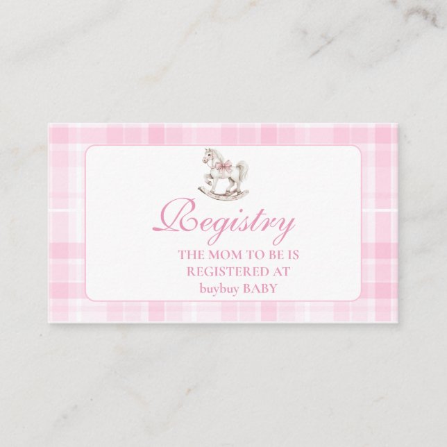 Pink Plaid Rocking Horse Baby Shower Registry Enclosure Card (Front)