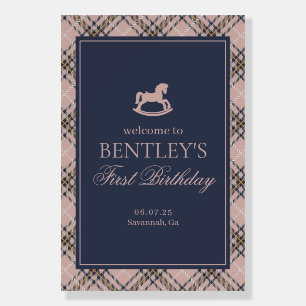 Pink Plaid Rocking Horse Birthday Party Welcome Foam Board