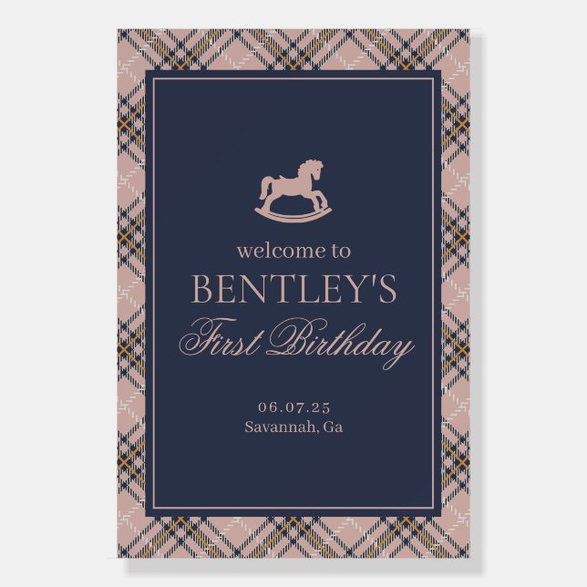 Pink Plaid Rocking Horse Birthday Party Welcome Foam Board (Front)