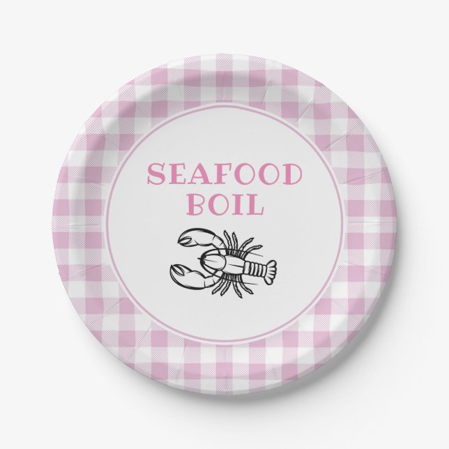 Pink Plaid Seafood Boil Party Paper Plates (Front)