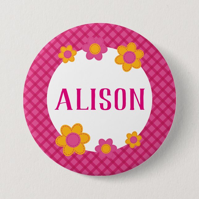 Pink plaid spring floral girls name button (Front)