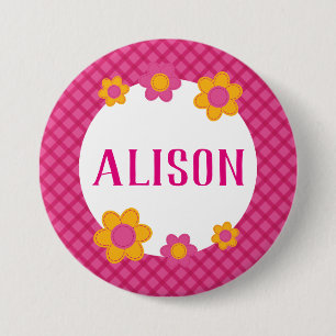 Pink plaid spring floral girls name button