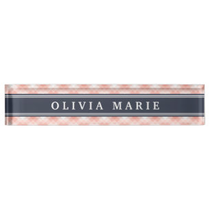 Pink Plaid Stripe Pattern Navy Blue Accent Desk Name Plate