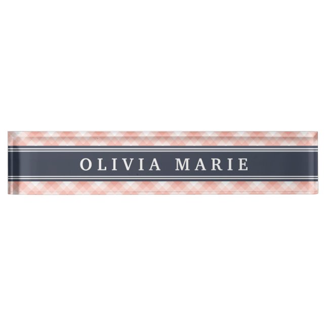 Pink Plaid Stripe Pattern Navy Blue Accent Desk Name Plate (Front)