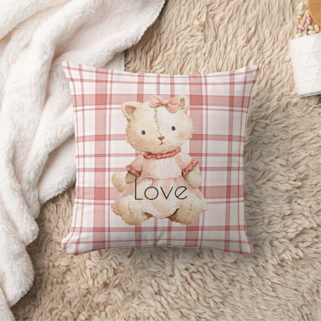 Pink Plaid Stripes Cat Throw Pillow (Blanket)