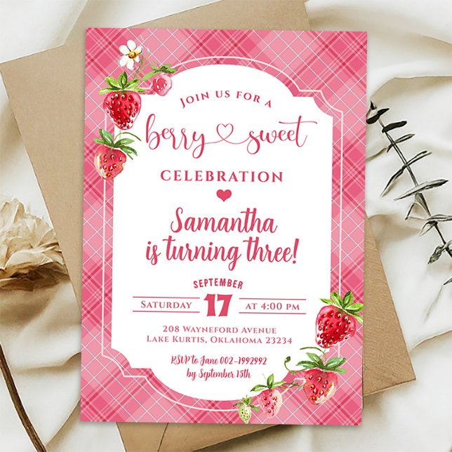 Pink Plaid Sweet Girl Strawberry 3rd Birthday Invitation (Creator Uploaded)