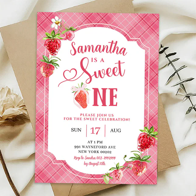 Pink Plaid Sweet One Girl Strawberry 1st Birthday Invitation | Zazzle