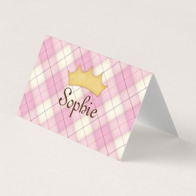 Pink Plaid Tartan Personalized Princess Play Date Business Card (Front)