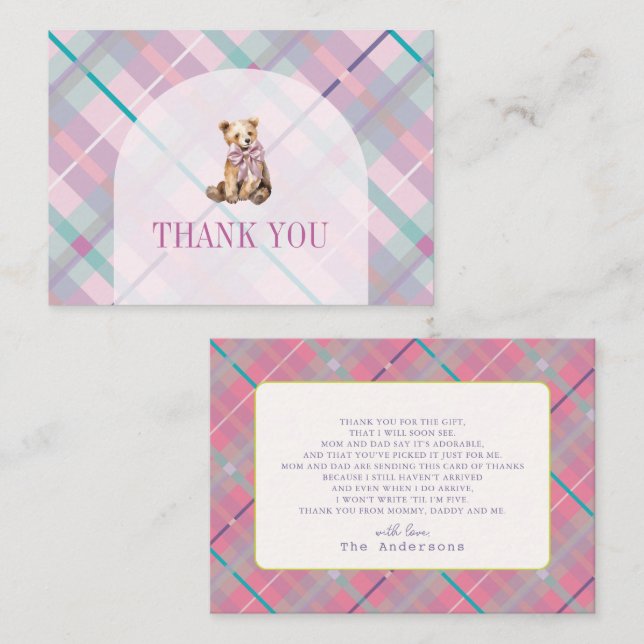 Pink Plaid Teddy Bear Baby Shower Thank You Note Card (Front/Back)
