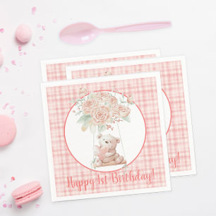 Pink Plaid Teddy Bear Birthday Napkins