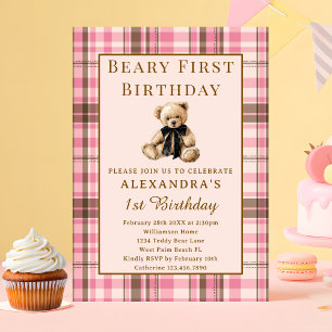 Pink Plaid Vintage Beary First Girl 1st Birthday Invitation