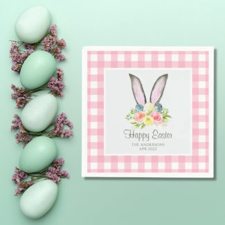 Pink Plaid Watercolor Floral Bunny Ears Easter