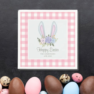 Pink Plaid Watercolor Floral Bunny Ears Easter