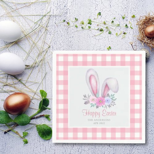Pink Plaid Watercolor Floral Bunny Ears Easter Napkins