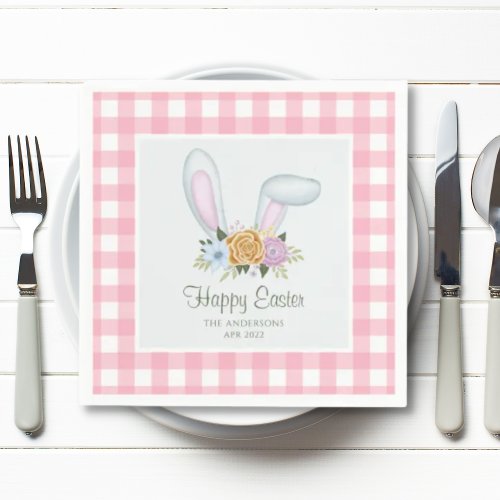 Pink Plaid Watercolor Floral Bunny Ears Easter Napkins