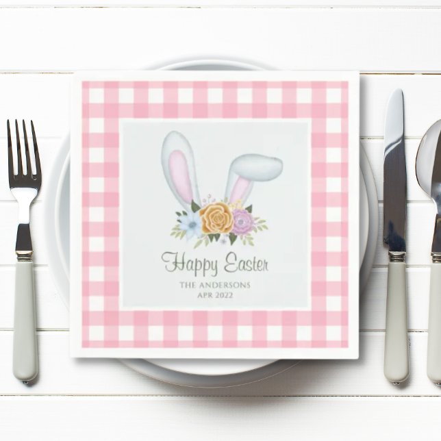 Pink Plaid Watercolor Floral Bunny Ears Easter Napkins (Creator Uploaded)