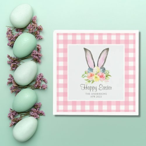 Pink Plaid Watercolor Floral Bunny Ears Easter Napkins