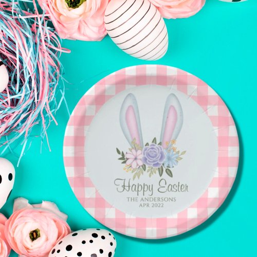 Pink Plaid Watercolor Floral Bunny Ears Easter Paper Plates