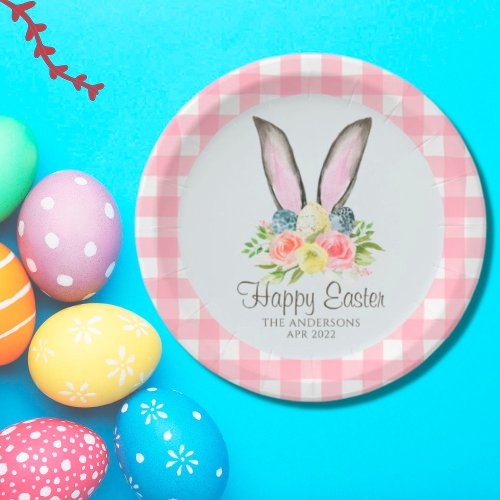 Pink Plaid Watercolor Floral Bunny Ears Easter Paper Plates