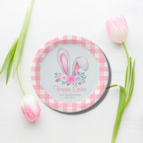 Pink Plaid Watercolor Floral Bunny Ears Easter  Paper Plates
