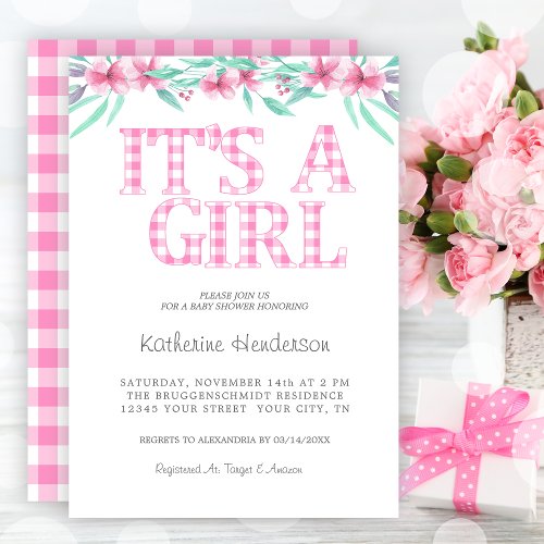 Pink Plaid Watercolor Floral Girl Baby Shower Invitation