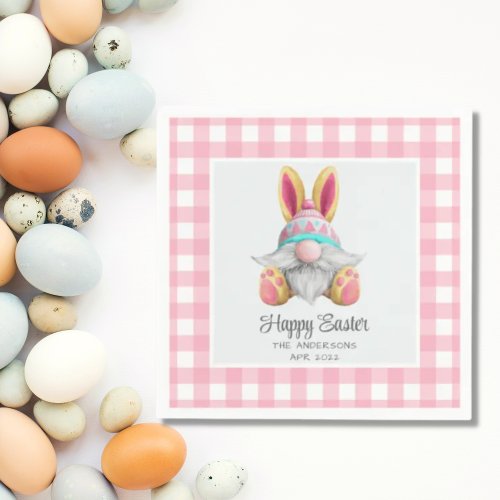 Pink Plaid Watercolor Gnome Easter  Napkins