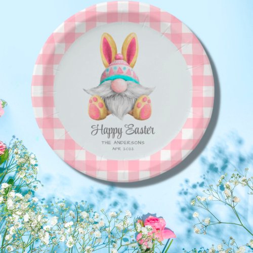 Pink Plaid Watercolor Gnome Easter Paper Plates