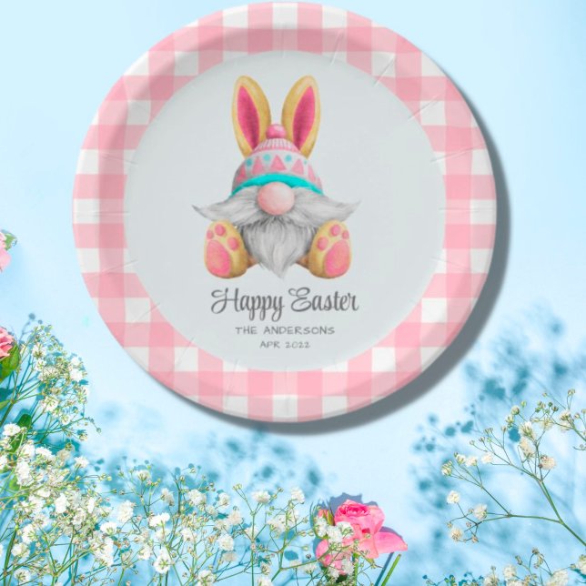Pink Plaid Watercolor Gnome Easter Paper Plates (Creator Uploaded)