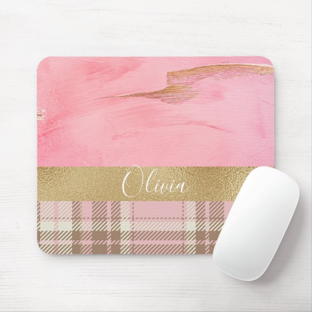 Pink Plaid Watercolor Name Mouse Pad (With Mouse)