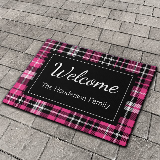 Pink Plaid Welcome Monogrammed Family Name Doormat (Creator Uploaded)