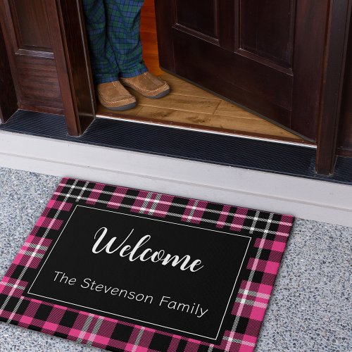 Pink Plaid Welcome Monogrammed Family Name  Doormat