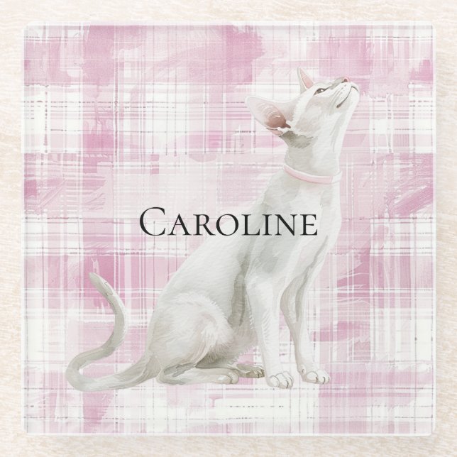 Pink Plaid White Cat Glass Coaster (Front)