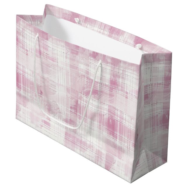 Pink Plaid White Stripes Birthday Large Gift Bag (Front Angled)