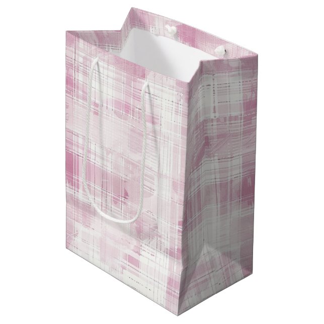 Pink Plaid White Stripes Birthday Medium Gift Bag (Front Angled)