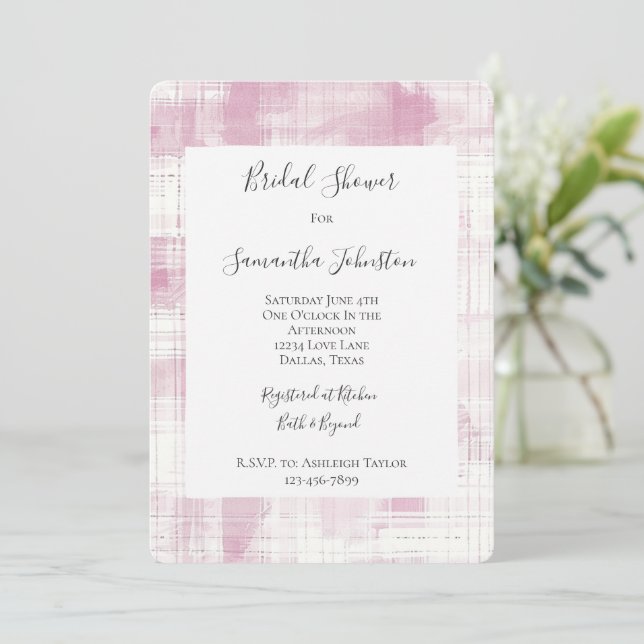 Pink Plaid White Stripes Bridal Shower Invitation (Standing Front)